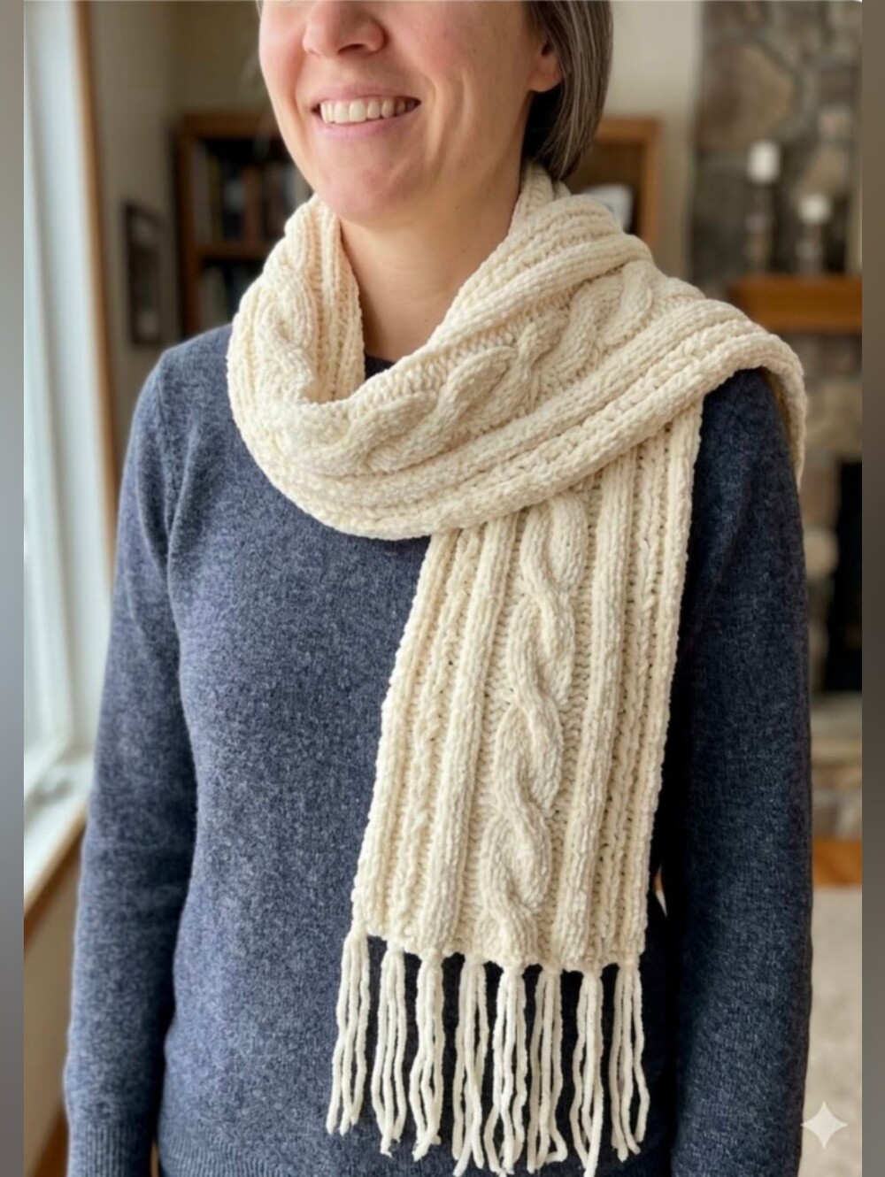 Ivory Chenille Cable Knit Winter Scarf With Fringe